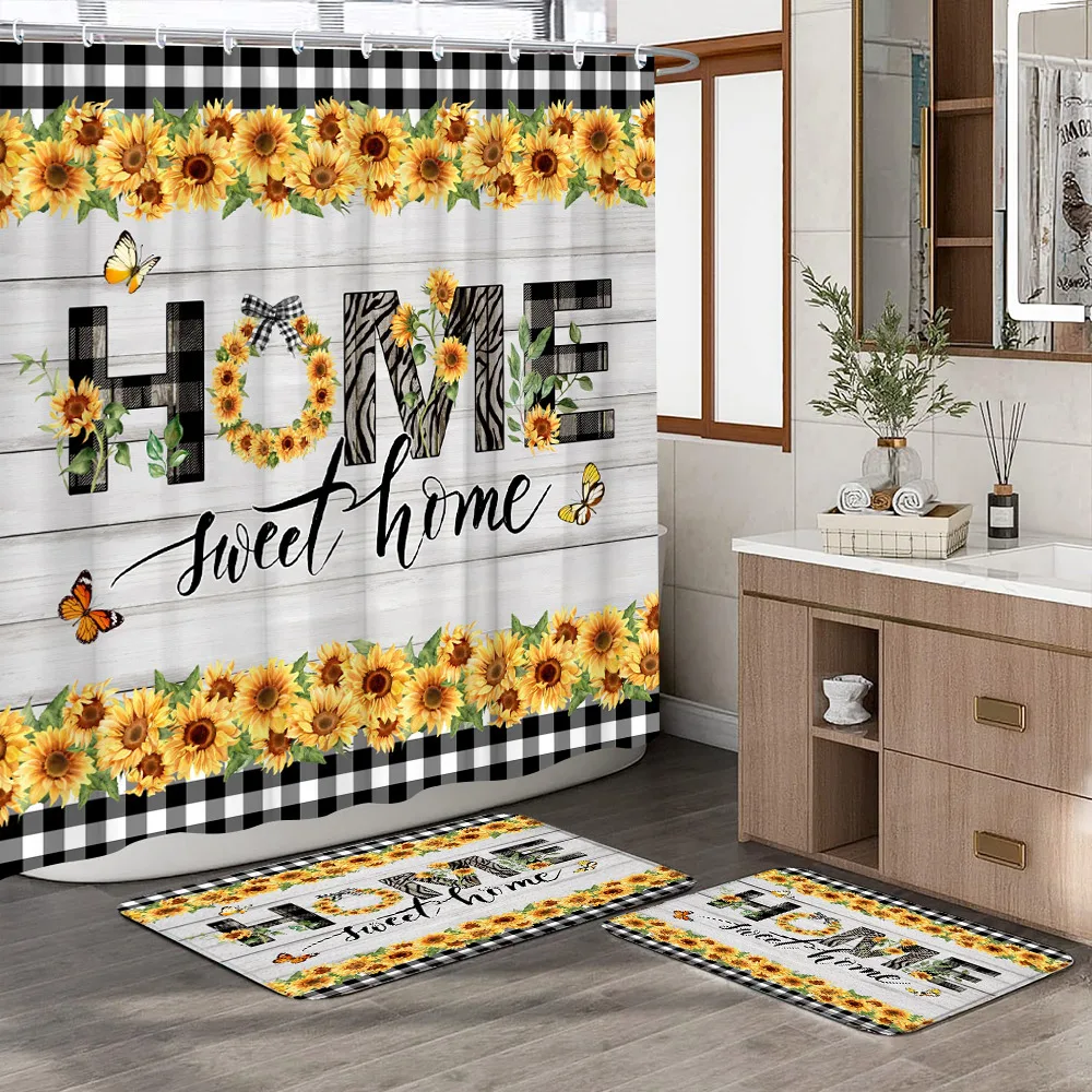 Vintage Woodgrain Sunflower Shower Curtain Rug Bathroom Set Rustic Plank Butterfly Flower Shower Curtain Bath Mat Bathroom Decor