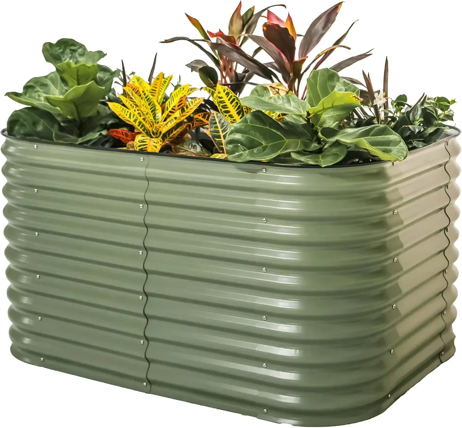 

6 in 1 Modular Raised Planter Box for Vegetables Flowers Fruits Oval Metal Raised Garden-Olive Green