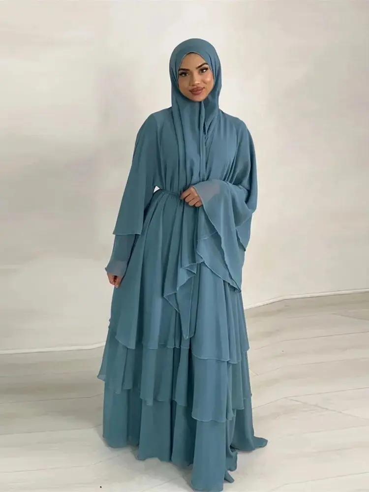 Summer Modest Kaftan Hijab Dresses For Women Kids Open Chiffon Khimar Kimono Abaya Dubai Luxury Muslim Sets Islam Kebaya Damen