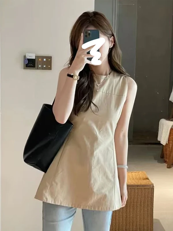 

Белый женский летний жилет без рукавов 2025 года, новая модель, с утяжкой на талии, элегантный топ в корейском стиле, с круглым вырезом, из полиэфирного волокна