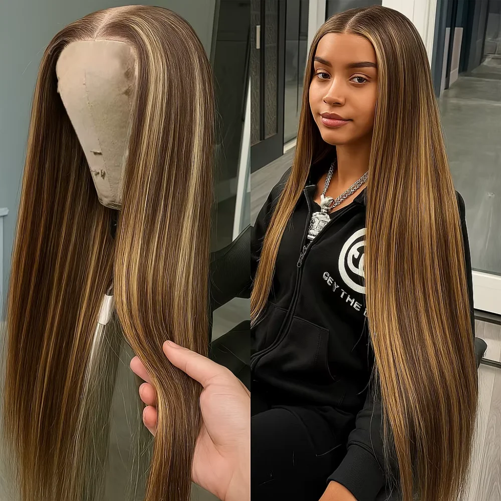 

42 46 дюймов P4/27 Highlight Bone Straight 13x4 Человеческие волосы Кружевные фронтальные парики 220% Цветное омбре 13x6 HD Парик фронта шнурка для женщин