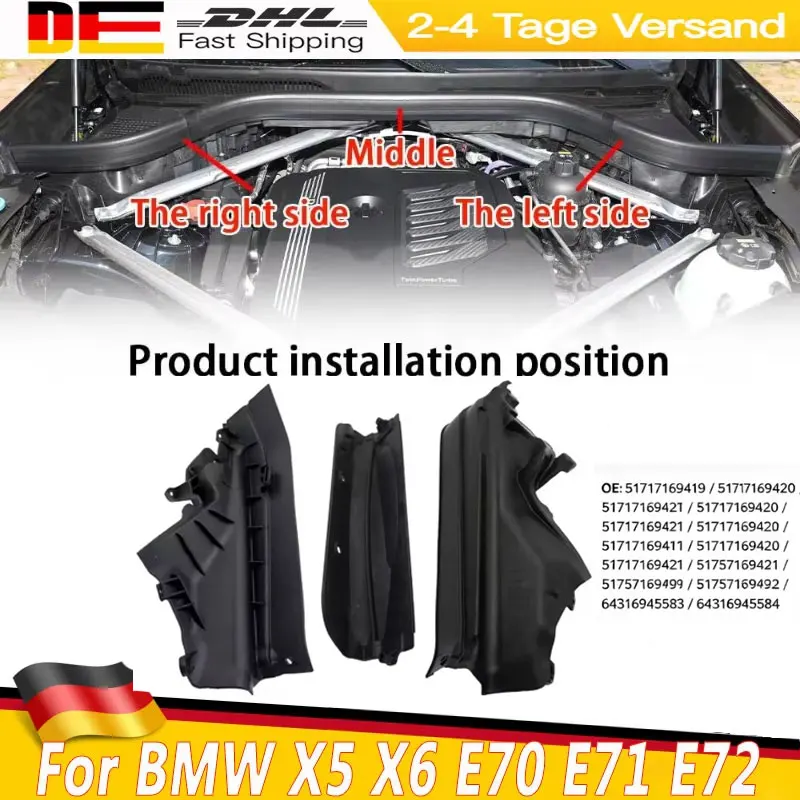 Image of Für BMW X5 X6 E70 E71 E72 Auto-Motorraum-Trennwand-Set Links Rechts 51717169419 51717169420 51717169421 51717169422 51757171791 64316945583