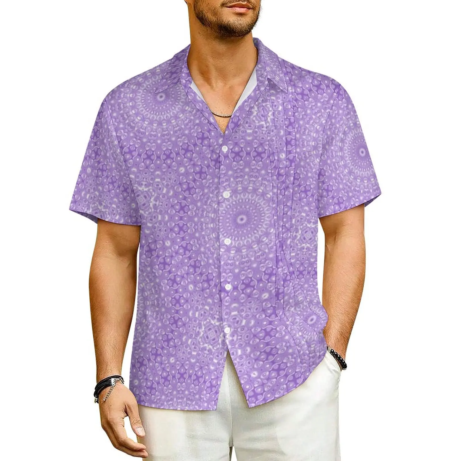 

Vintage Lavender Beach Shirt Purple and White Summer Casual Shirts Man Elegant Blouses Short Sleeve Streetwear Design Clothes