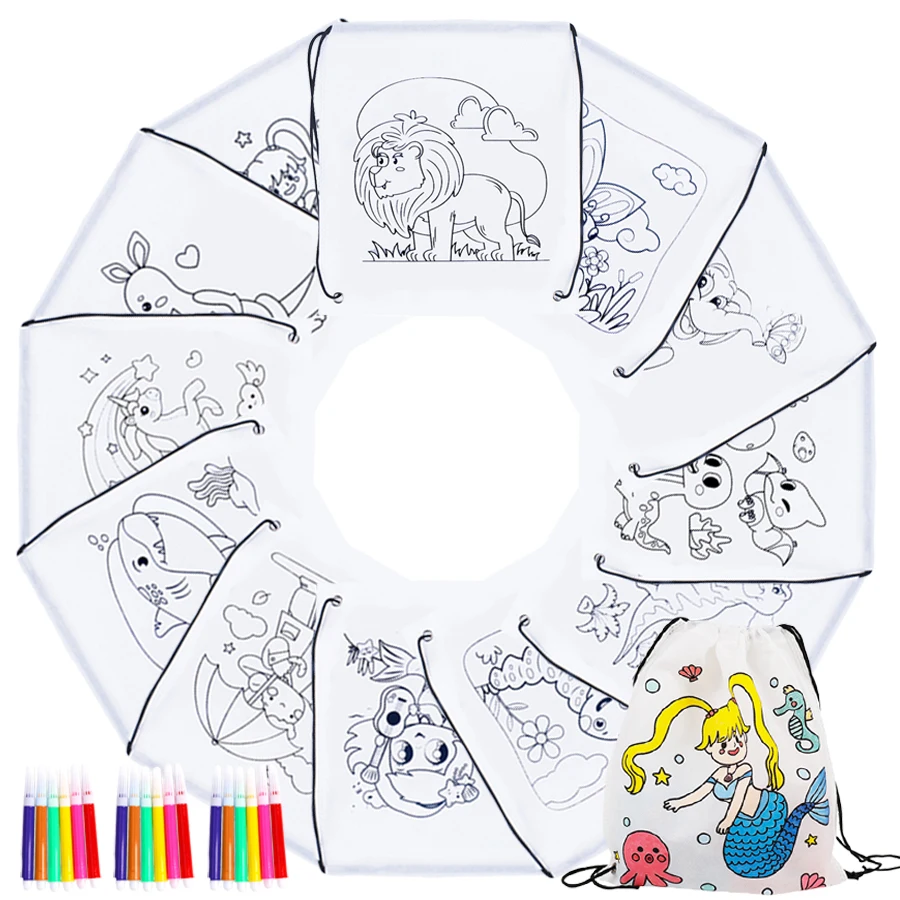 5pcs 32x28cm Graffiti Drawstring Painting Bag with 6-color Mini Pen Reusable Birthday Party Goodies Bag Gift Storage Bag