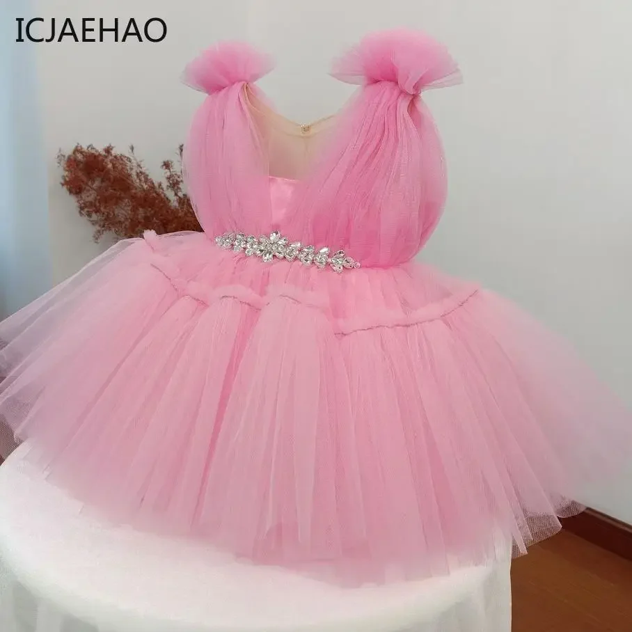 

2025 New Children' Host Catwalk Ball Gown Sleeveless Beading Design Wedding Birthday Baptism Party Girl Pink Dress clothings