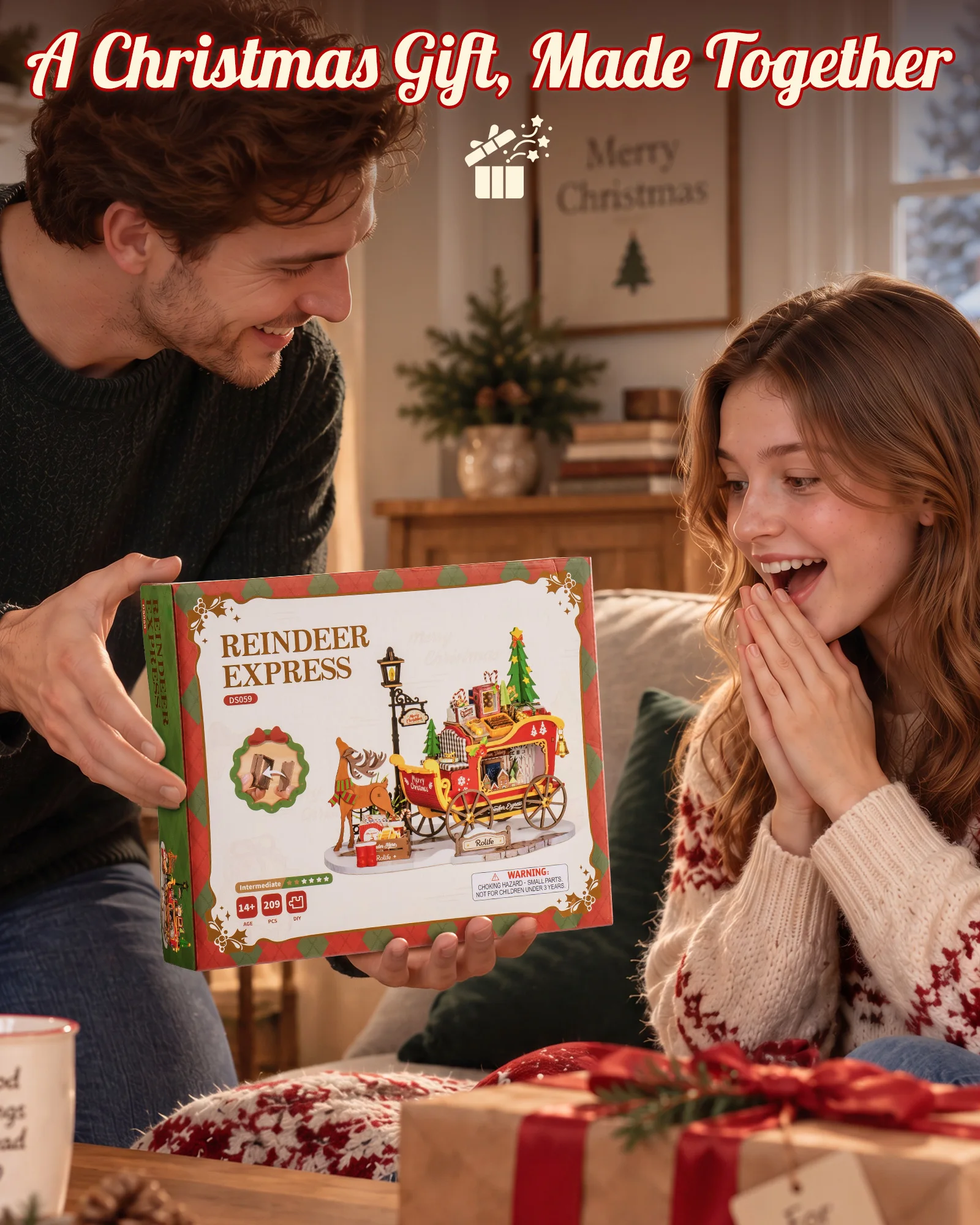 Rolife Reindeer Express DIY Miniature House Kit Christmas DecorIntermediate Level 2.5 Hours Wooden Moving Sleigh Model Kit Gift