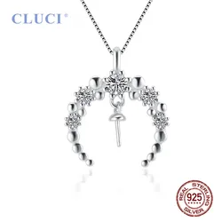 CLUCI Women New Moon Shaped 925 Sterling Silver Necklace Pendant Mounting DIY Round Pearl Fine Jewelry Charms GIfts SP477SB