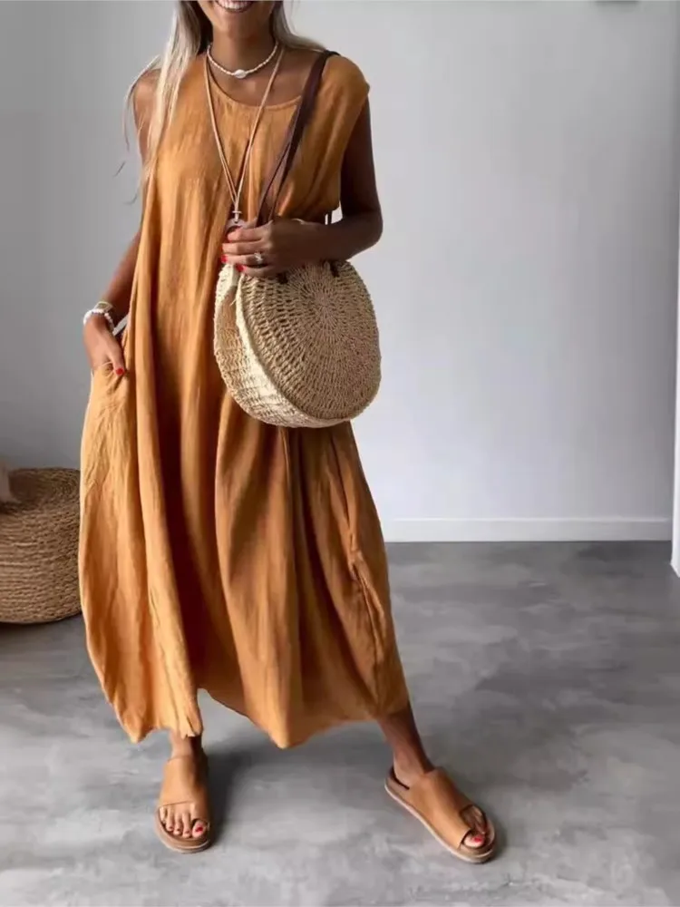 

Solid Color New Arrival Cotton Linen Side Pocket Dresses Women O Neck Pullover Dress Summer Comfortable Casual Female Long Dress