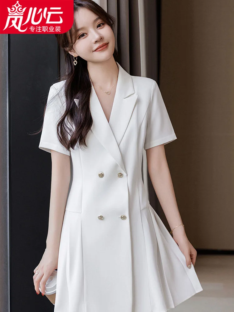 

White Temperament Waist-Controlled Business Suit and Dress Women's Summer New Business Suit Fashion Goddess Short Sleeve Pleated