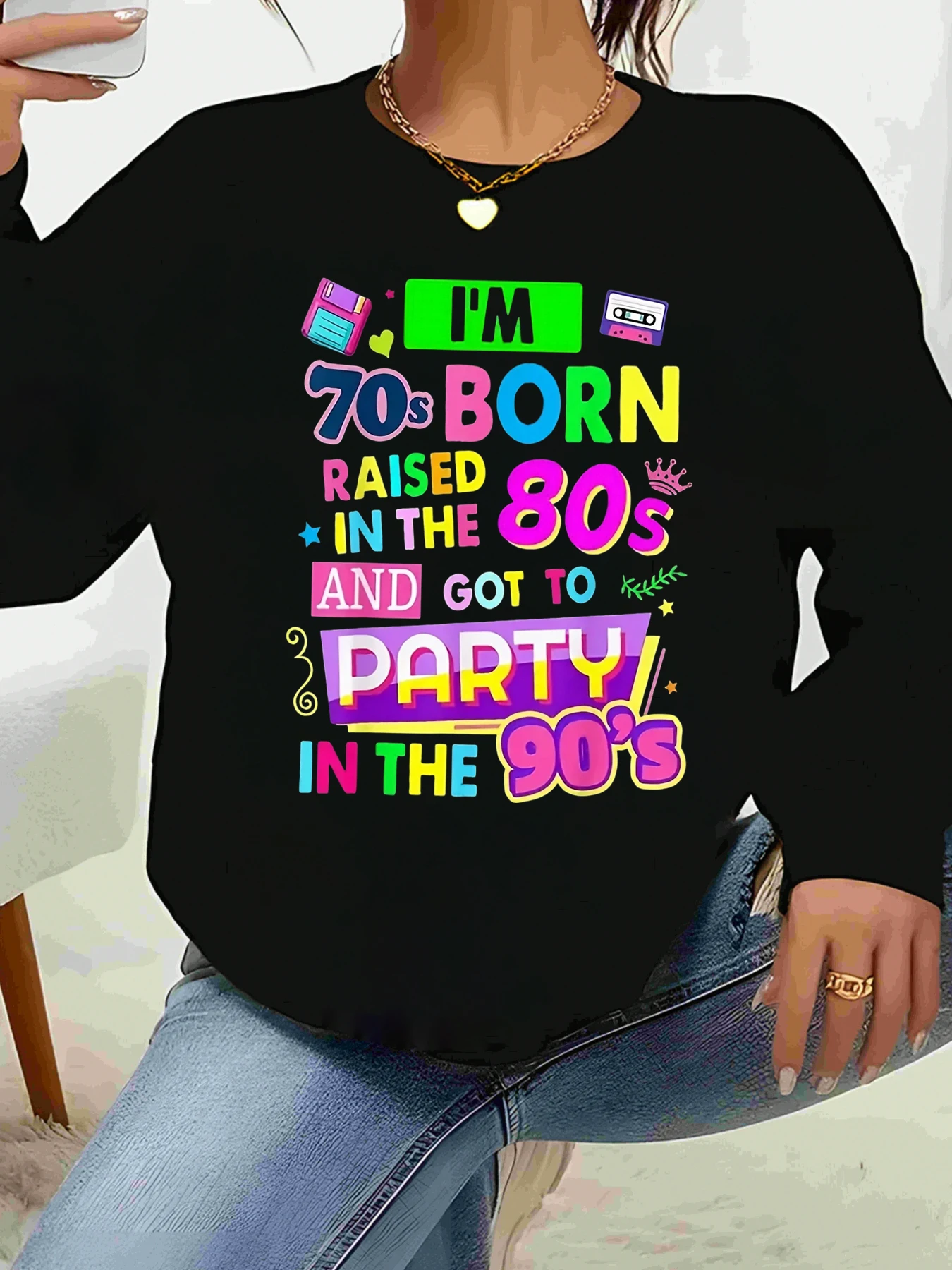 

Футболка с длинными рукавами и ностальгическим принтом 80-х 90-х годов, женская повседневная одежда для вечеринок 70-х годов, рождается 80-х годов, воспитание 90-х годов, поколение вечеринок