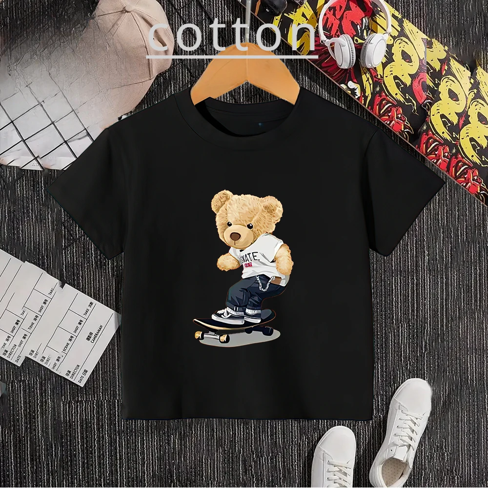 Kids Summer Creative Skateboard Bear Print 100% Cotton T-shirt Boys Girls Comfortable Casual Short Sleeve Teen Top Cotton T-shir