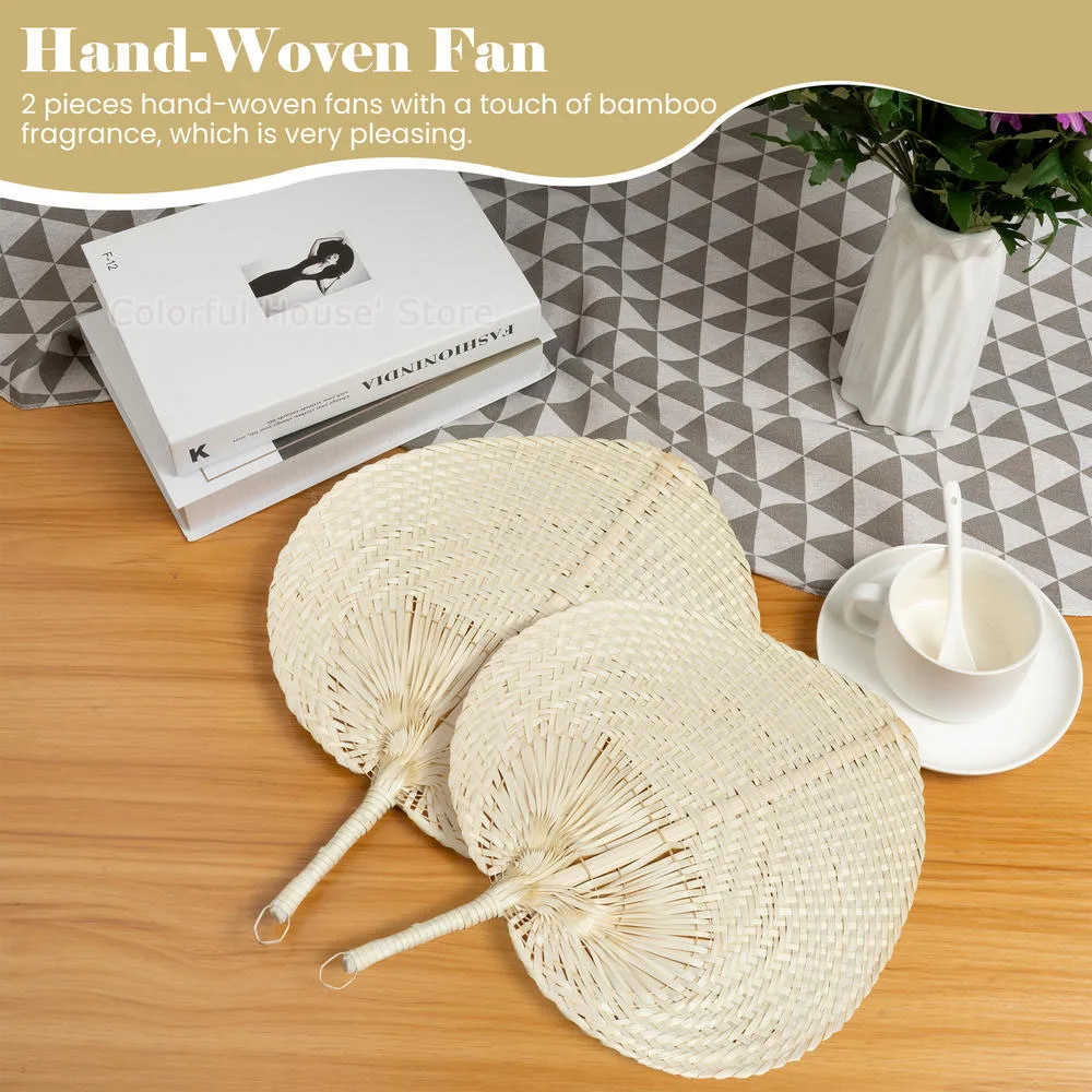 5pc Heart Shaped Bamboo Weaving Hand Fans With Handle Handmade DIY Woven Cooling Fan Home Arts Decor