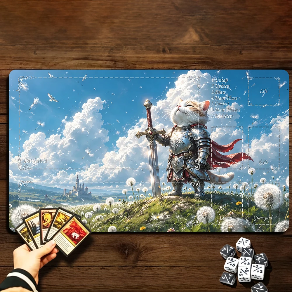 Dandelion Cat Knight TCG Playmat Magic Playmat Gathering Gaming Mat with Stitched Edge Anti-slip base 60X35cm Trading Card Game