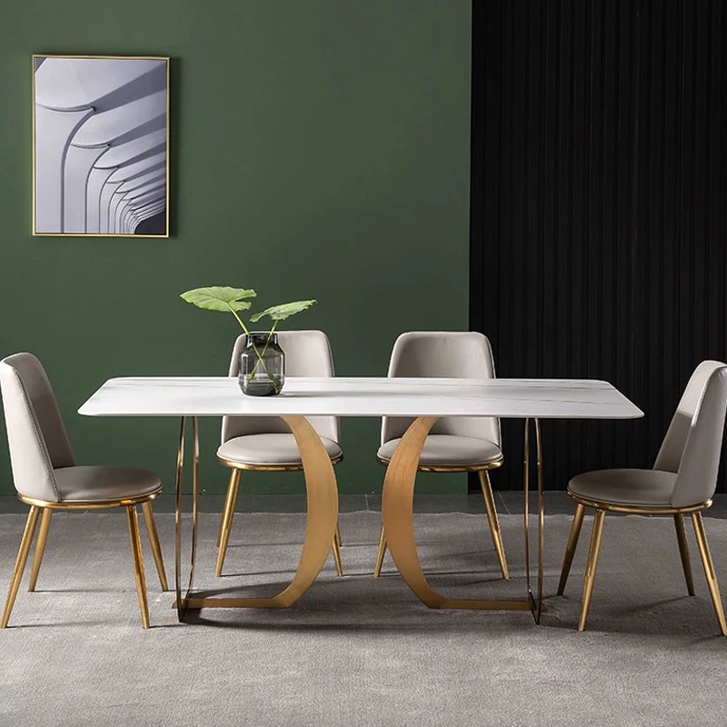 Moderne Esszimmer-Möbel-Sets, Esstisch mit Stühlen, Luxus-Marmor-Stein-Top, Edelstahl-Leg-Metall-Esstische-Sets