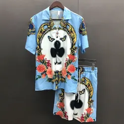 2023 Summer Lapel Streetwear Shirt Suit Casual Sets Homme Color Flowers Pattern Shirt Short Sleeve Casual Shirt Suit Streetwear