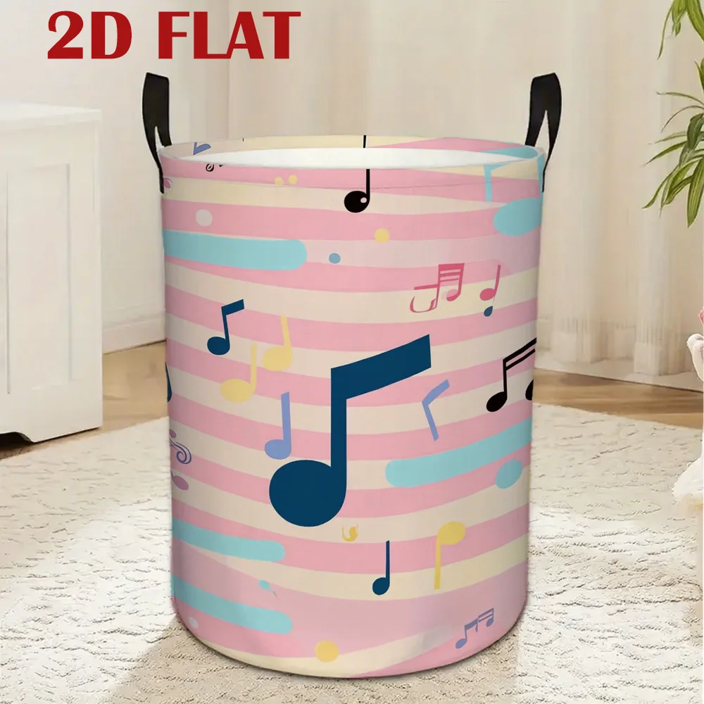 Large Capacity Round Storage Basket with Pastel Pink Blue Music Note Stripe Design Collapsible Portable Laundry Hamper