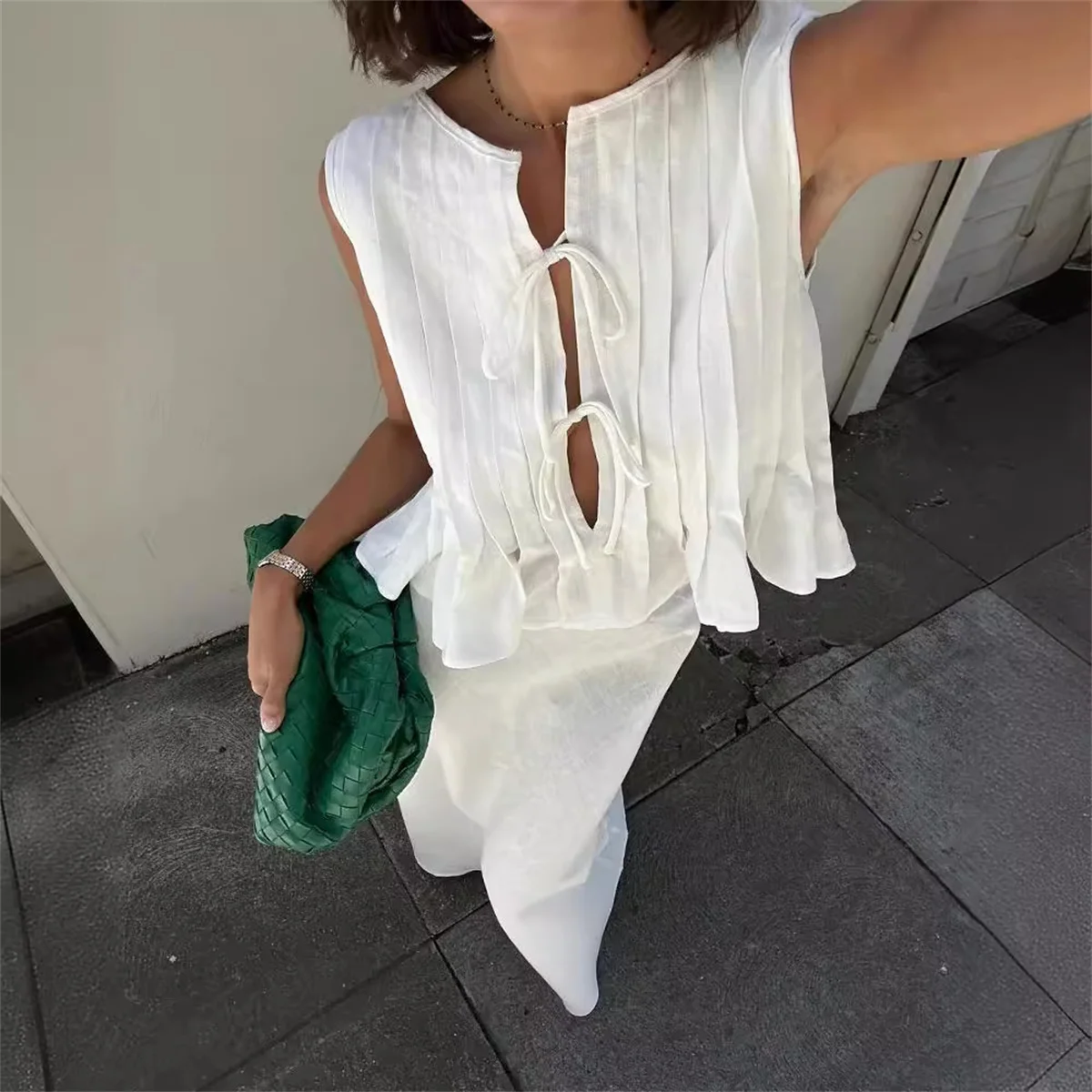 Chic Sleeveless Shirt Long Skirt 2 Pieces Set Folded Ruffles Lace Up Top Women Suits 2024 Summer Lady Office Highstreet Outfit