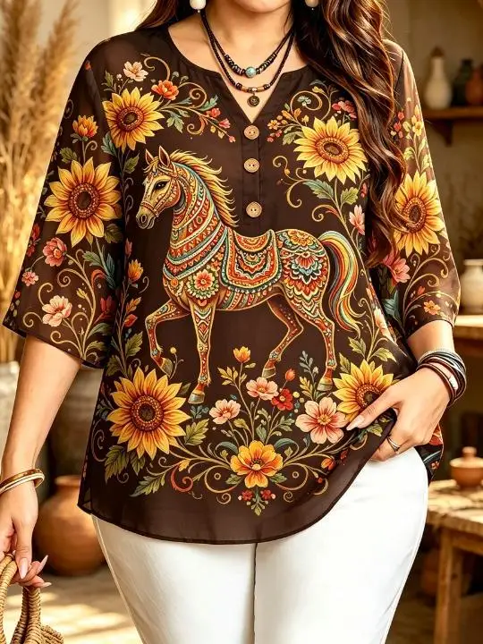 Plus Size Women 3/4 Sleeve V‑Neck Blouse Elk Forest Floral Print Button Decor Loose Casual Daily Tops