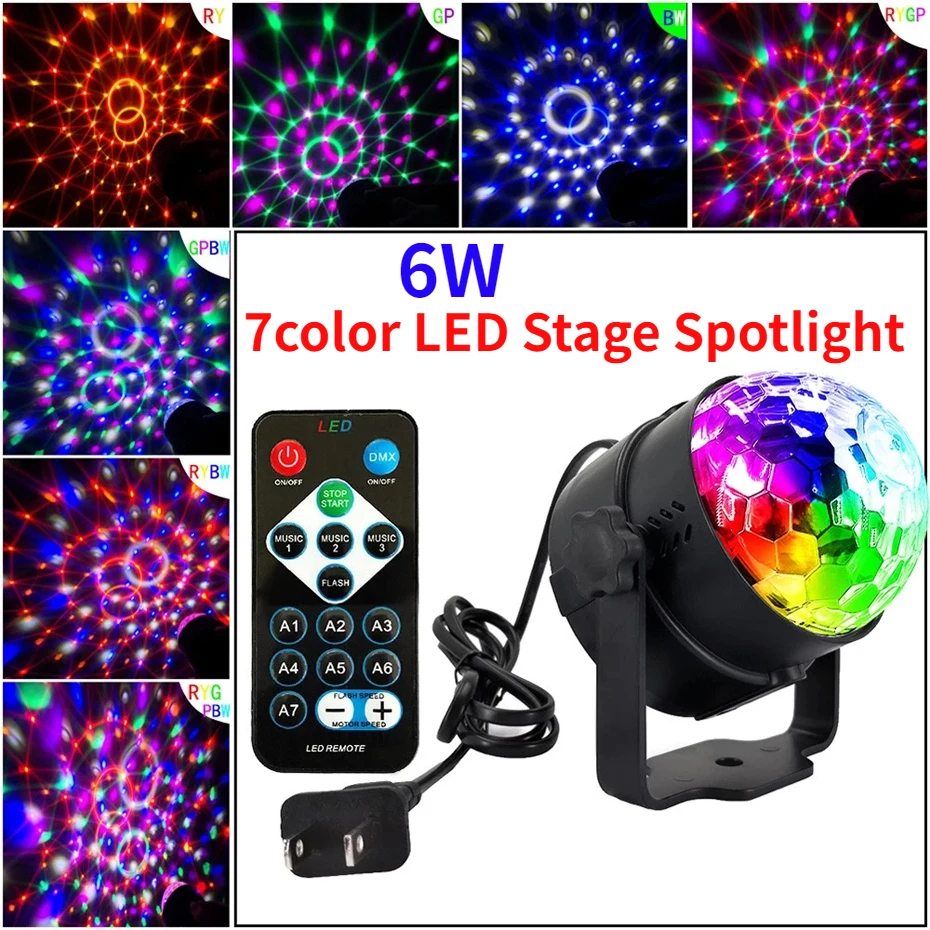 

Mini 6W LED Stage Spotlight RGB 7color Magic Ball Light With 16Key Sound Activated Remote for Disco Birthday Party Effect Lamp