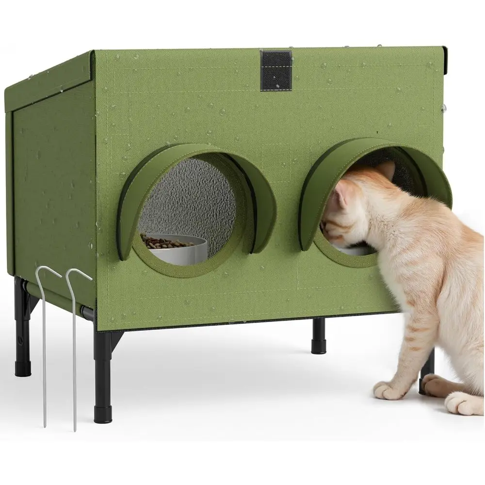 

Waterproof Outdoor Dual Cat Feeder Shelter with Insulated Green Roof and Walls, 16x12x15.5