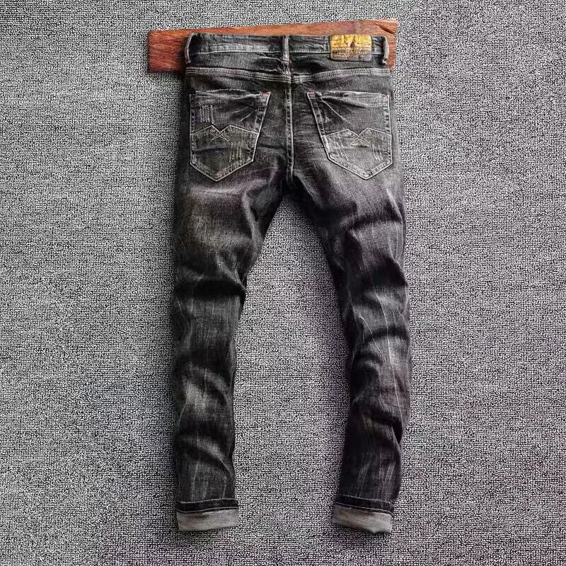 Fashion Designer Men Jeans High Quality Retro Black Gray Stretch Elastic Slim Fit Ripped Jeans Men Vintage Denim Pants Hombre