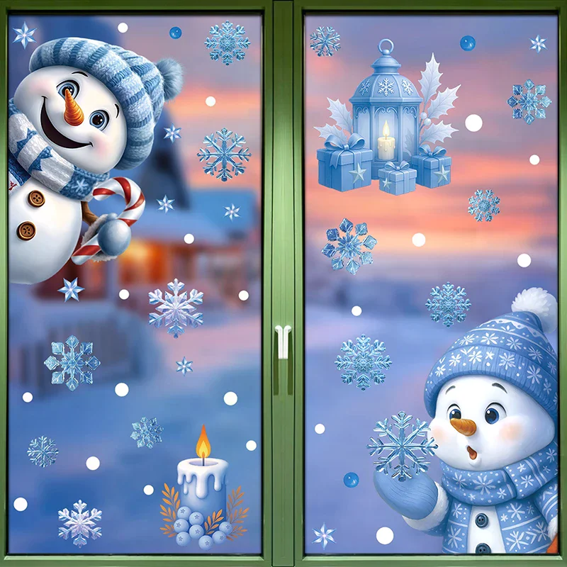 2/4/6/8/9PCS Blue Christmas Window Clings Sticker Set With Bells, Reindeer, Santa, Snowflakes For Holiday Party Decor