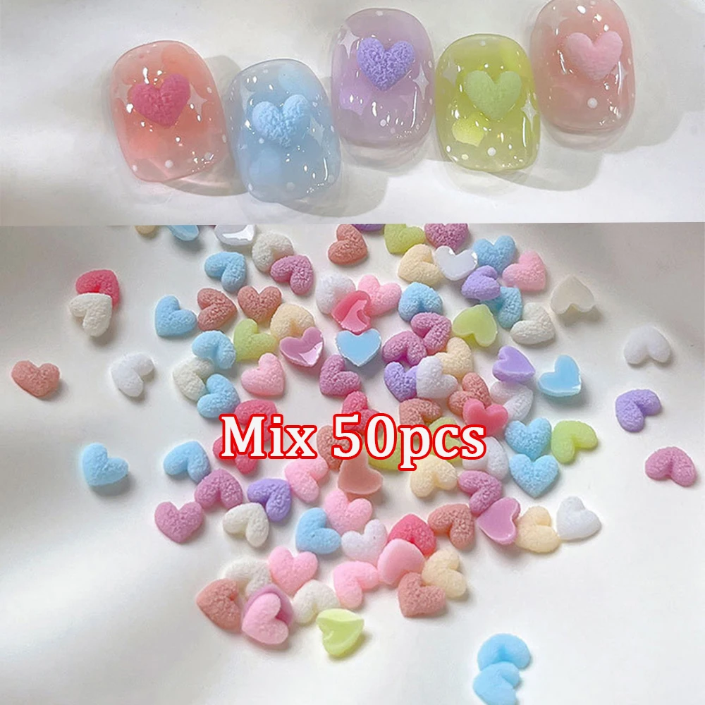 Mix Macaron 3D Mini Heart Nail Charms, 50pcs, Rough Matte Grain Flatback Resin Hearts Nail Art Decors DIY Manicure Accessories