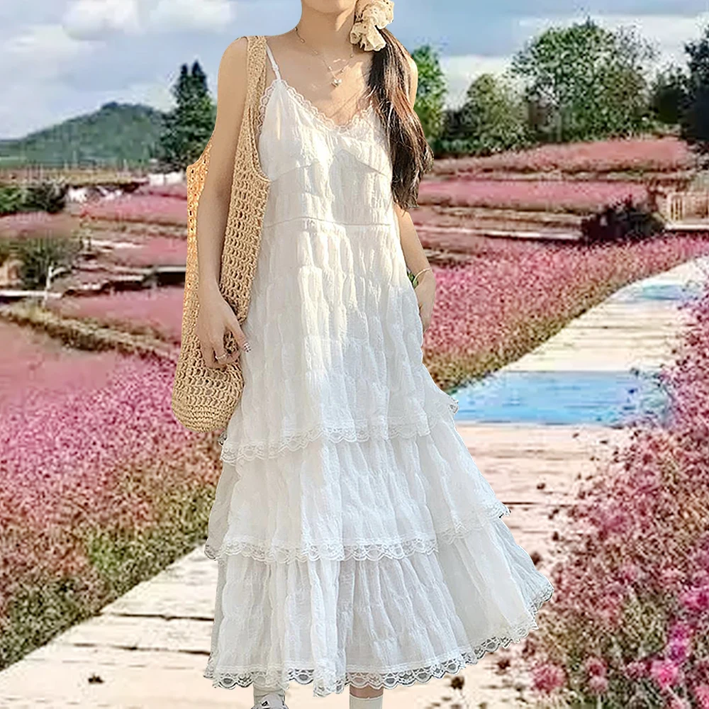 여성 여름 Befree 긴 빈티지 섹시한 캐주얼 프릴 우아한 맥시 스트랩 Camis 실키 비치 레이스 우아한 파티 드레스 Vestidos