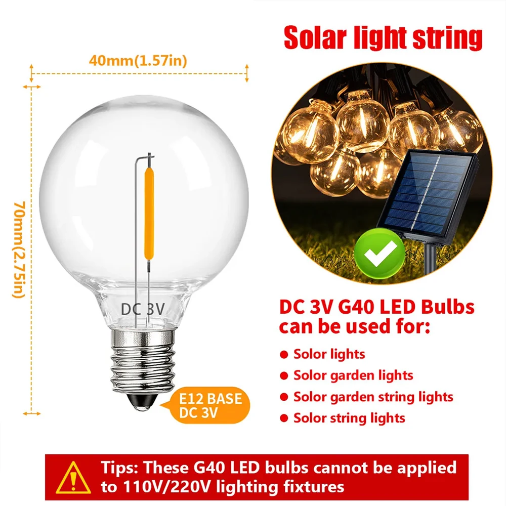 3V G40 Led Light Bulbs Plastic Shatterproof E12 Base Warm White 2700K Low Voltage Replacement Globe Bulb For Solar String Light