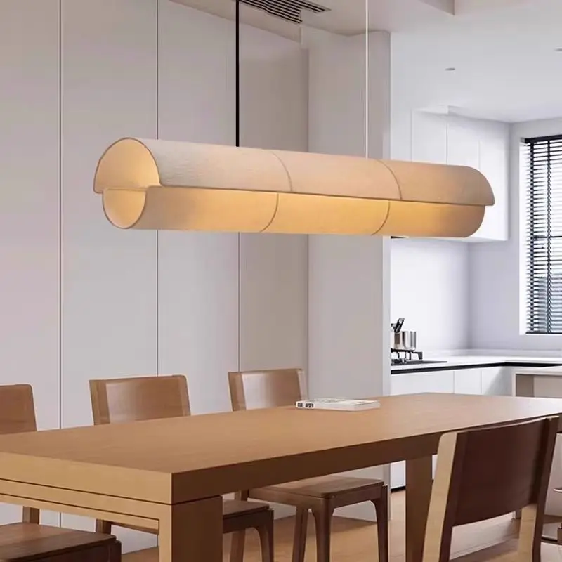 Japanese Long Tube Fabric Chandelier LED Hanging White Lamp Minimalist Vintage Art Living Room Office Bar Wabi Sabi Dining Lamp