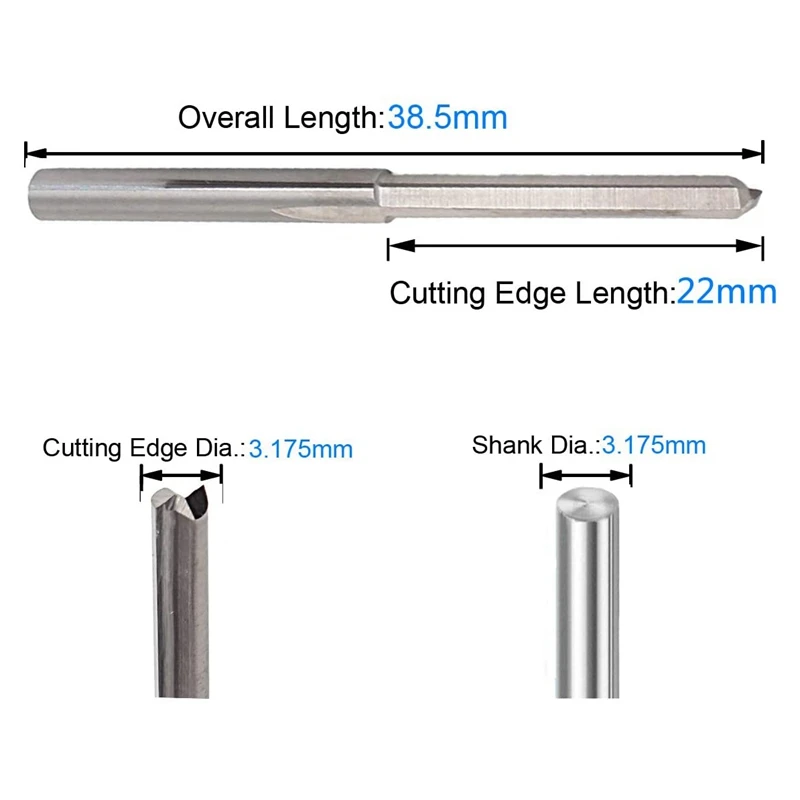 YWDZ-20PCS 3.175Mm Shank Dia. Edged  Steel Milling Cutter 2 Flutes CNC Cutting Straight Slot Bit, Flute Length 22Mm