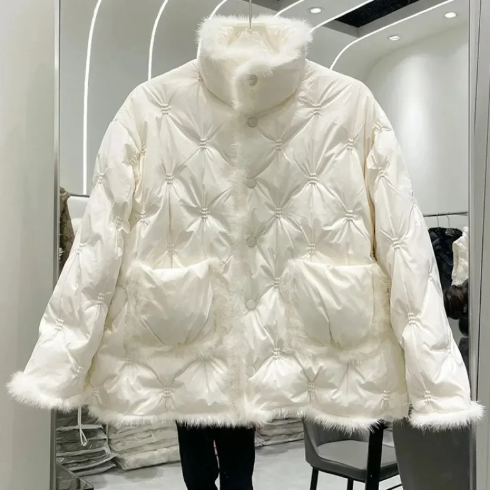 New Stand Collar Loose Fashion Women Winter Warm Parker White Duck Down Coat Embroidery Natural Mink Fur Down Jacket