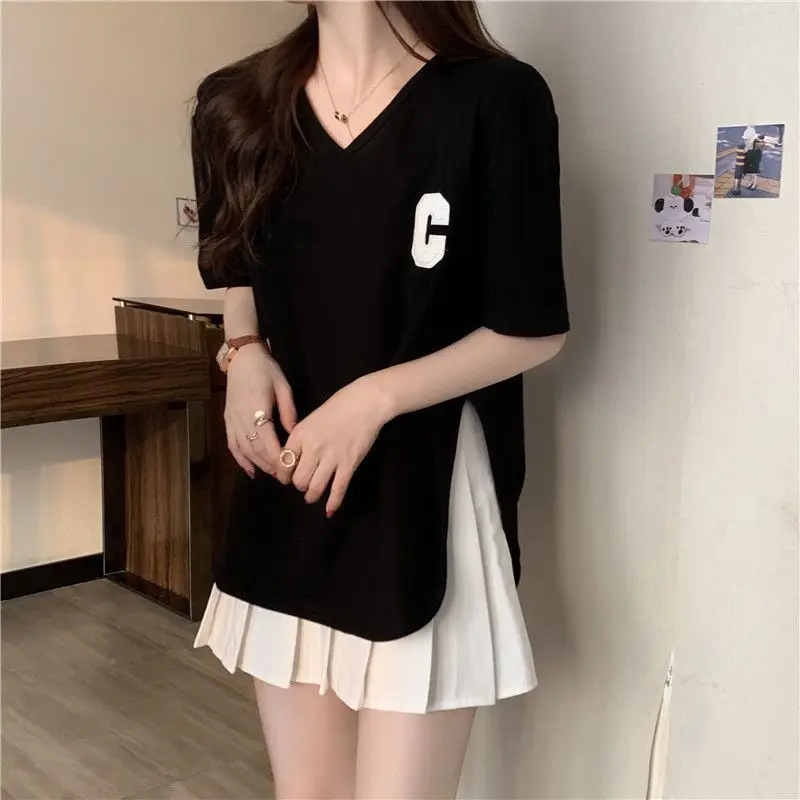 

Trend Slit Hem Loose T Shirts Summer New Short Sleeve Solid Letter All-match Casual Tops Tees Vintage Fashion Women Clothing