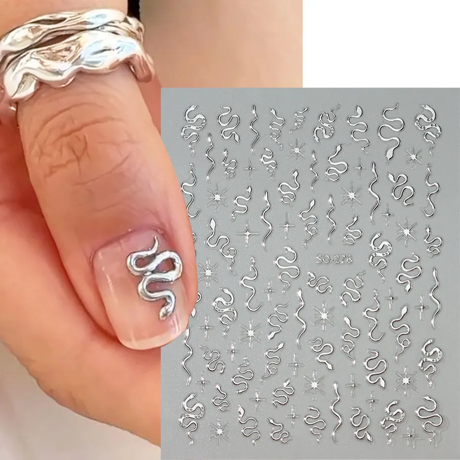 3 uds. De pegatinas 3D de serpiente negra para decoración de uñas, pegatinas Punk doradas y plateadas con estampado de animales, calcomanías de luz de estrellas, herramientas de manicura de año de serpiente oscura gótica