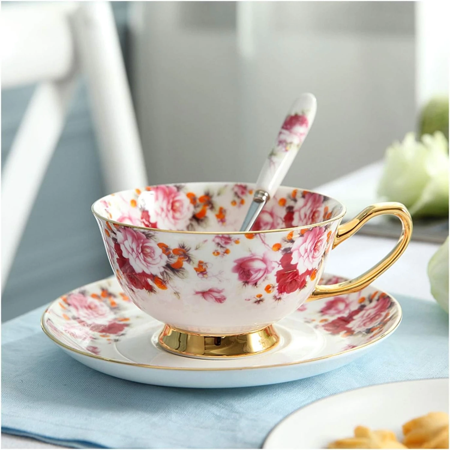 Elegant, Vintage Bone China Coffee Cup and Saucer Set with Beautiful Delicate Floral Design, Gold Trim, Decorative Color Detail 