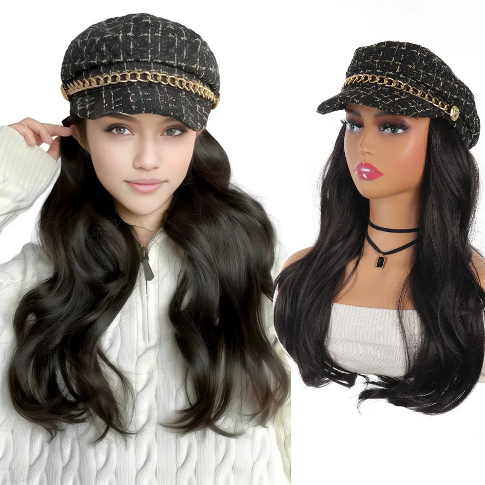 synthetic hat wig 20inch plaid beret wig wavy hair hairstyle black hat wig white hat wig hat extensions water wave wig christmas