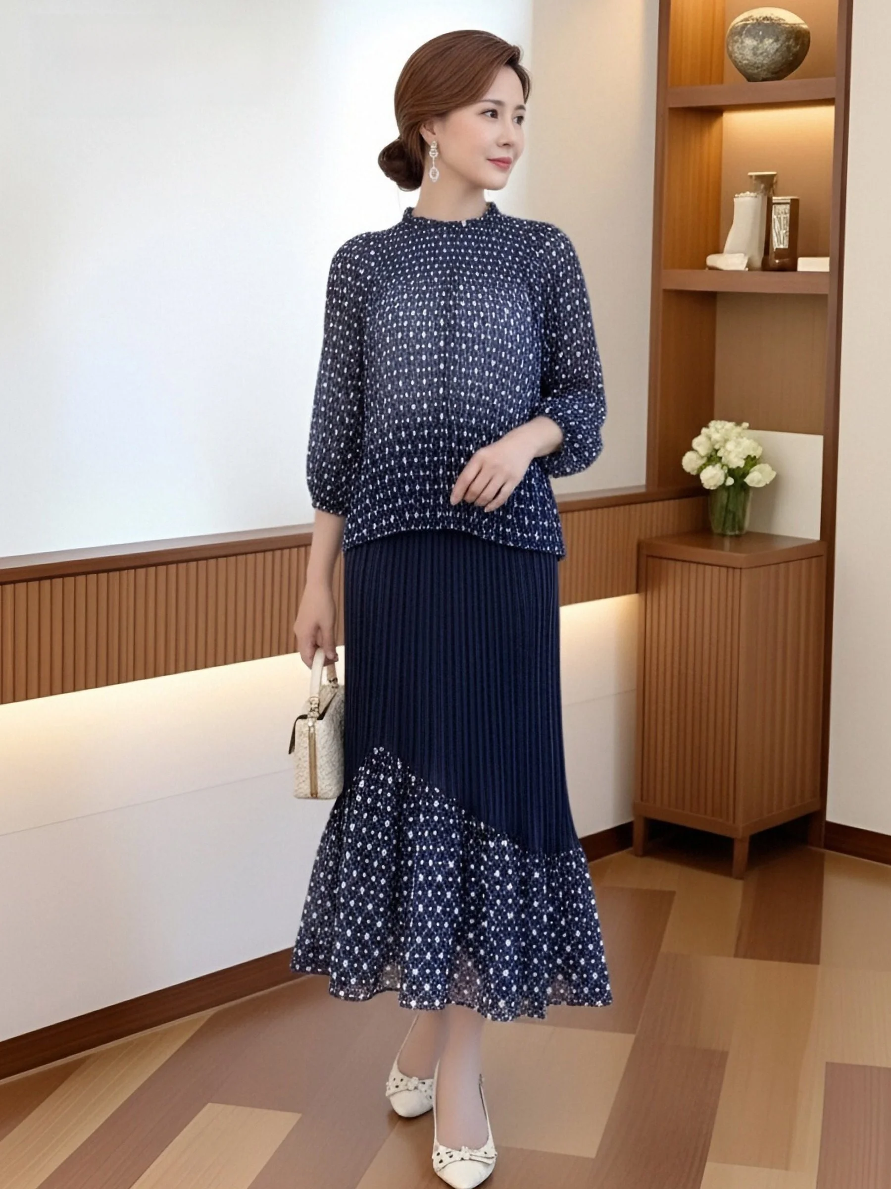 

Blue Three-Piece Set Women's Fish Tail Pleated Skirt Spring 2026 New Age Reduction Design Sense High Waist Elastic Polyester
