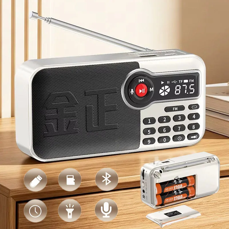 Mini Pocket FM Radio Hign Sensitivity Radios Receiver Rechargeable Bluetooth Speaker Recorder with Flashlight TF Card USB Player