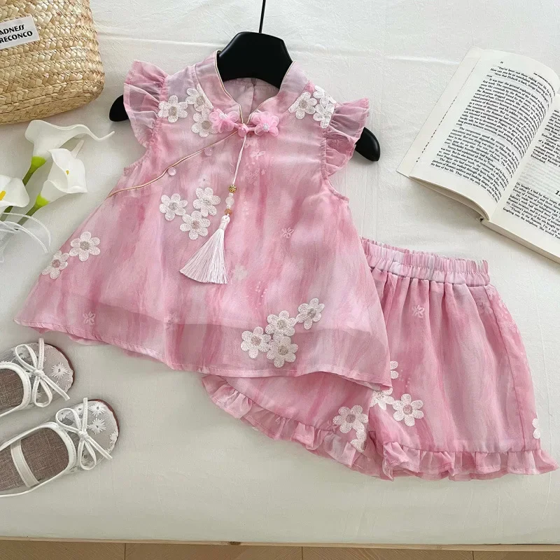 

Комплекты детской одежды, блузка с цветочной вышивкой + шорты, комплекты из 2 предметов, одежда для маленьких девочек, комплект одежды для маленьких девочек