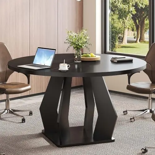 Round Conference Table for 4-6 People, Round Meeting Table with Thicken Tabletop and Wood Base for Office, Conference