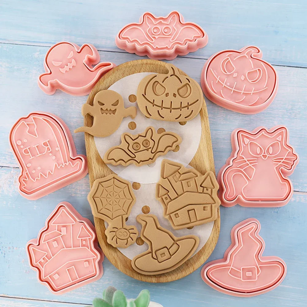 8Pcs Halloween Cookie Cutters Set High-Quality Plastic Mini Biscuit Stampers Halloween Party Cake Decorating Tools 16.5x21x2.3cm