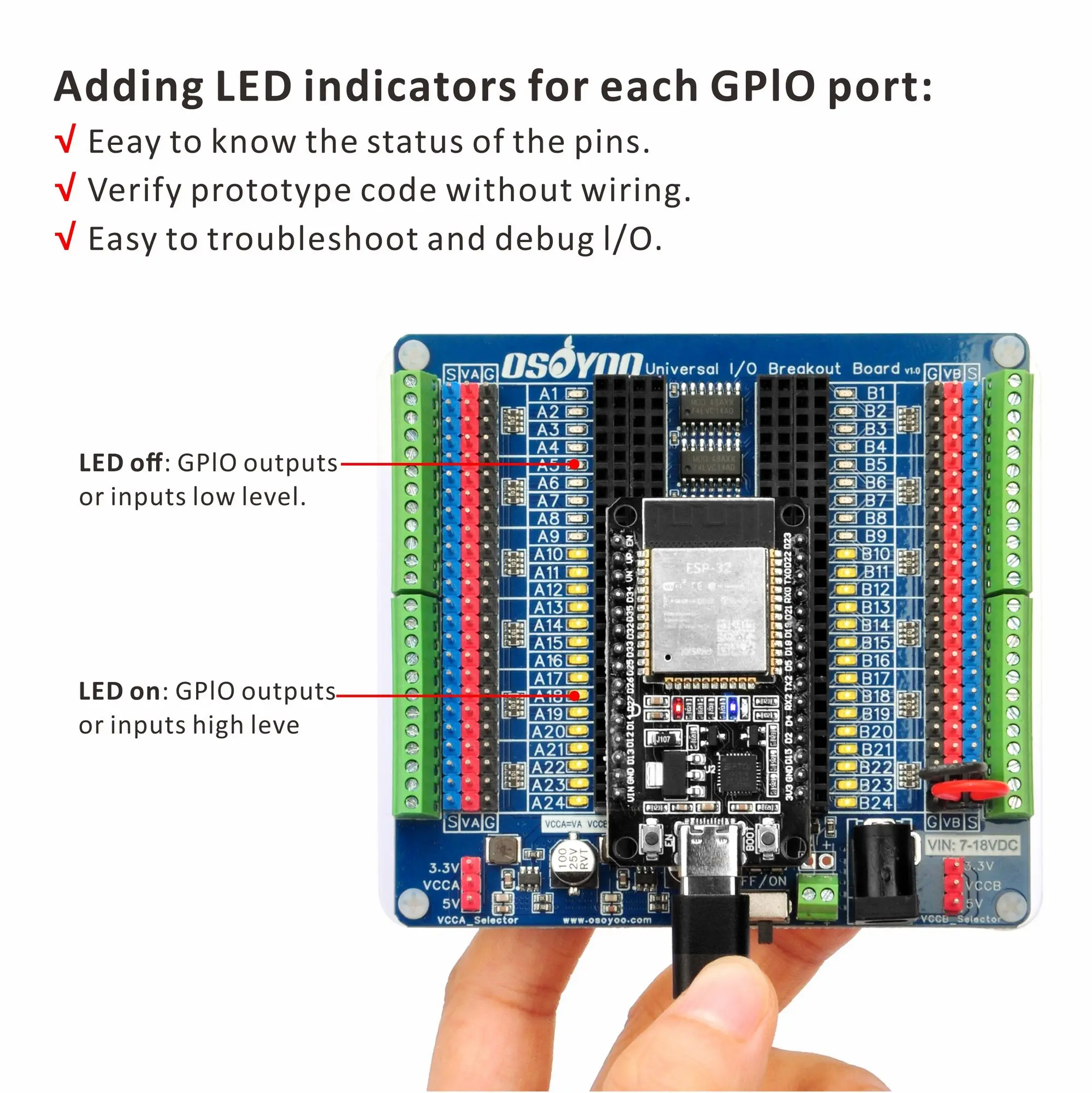 OSOYOO Uniwersalna płytka rozszerzeń IO – Platforma rozszerzeń GPIO i debugowania dla Arduino Nano, ESP32, ESP8266 NodeMCU, Raspberry Pi — zdjęcie produktu 4