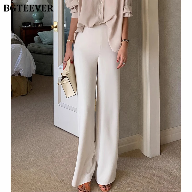 BGTEEVER Casual Straight Ladies Trousers Spring Summer Loose Pockets Wide Leg Suit Pants for Women