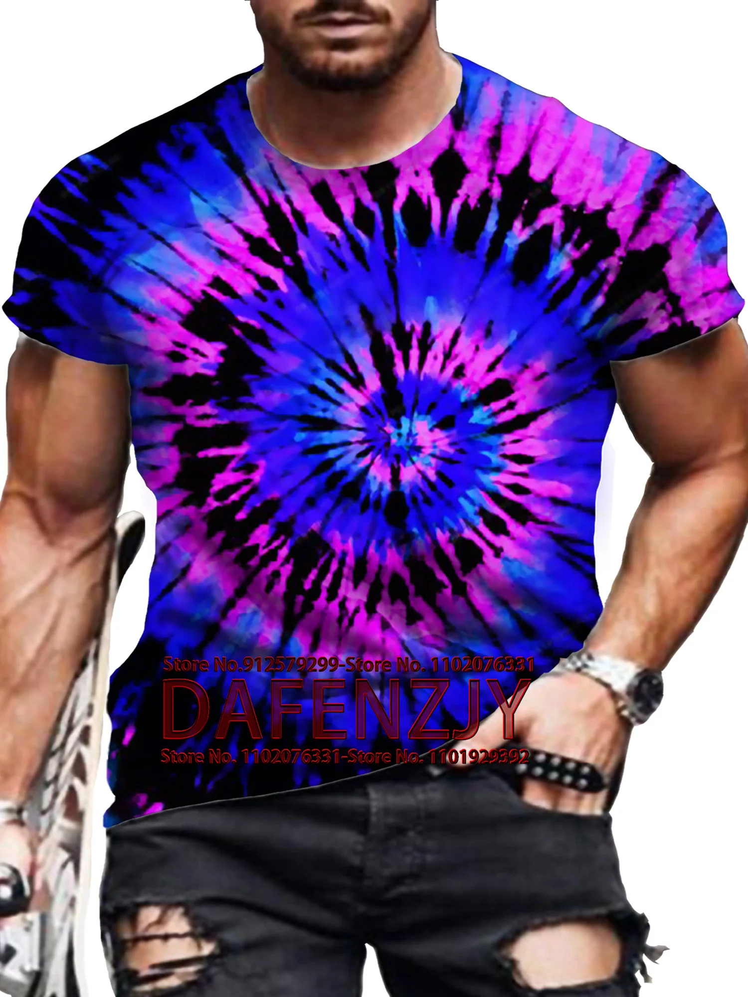 2024 Men's Casual T-Shirt 3D Tie Dye Graphic Short Sleeve Summer 90s Vintage Outdoor Tees