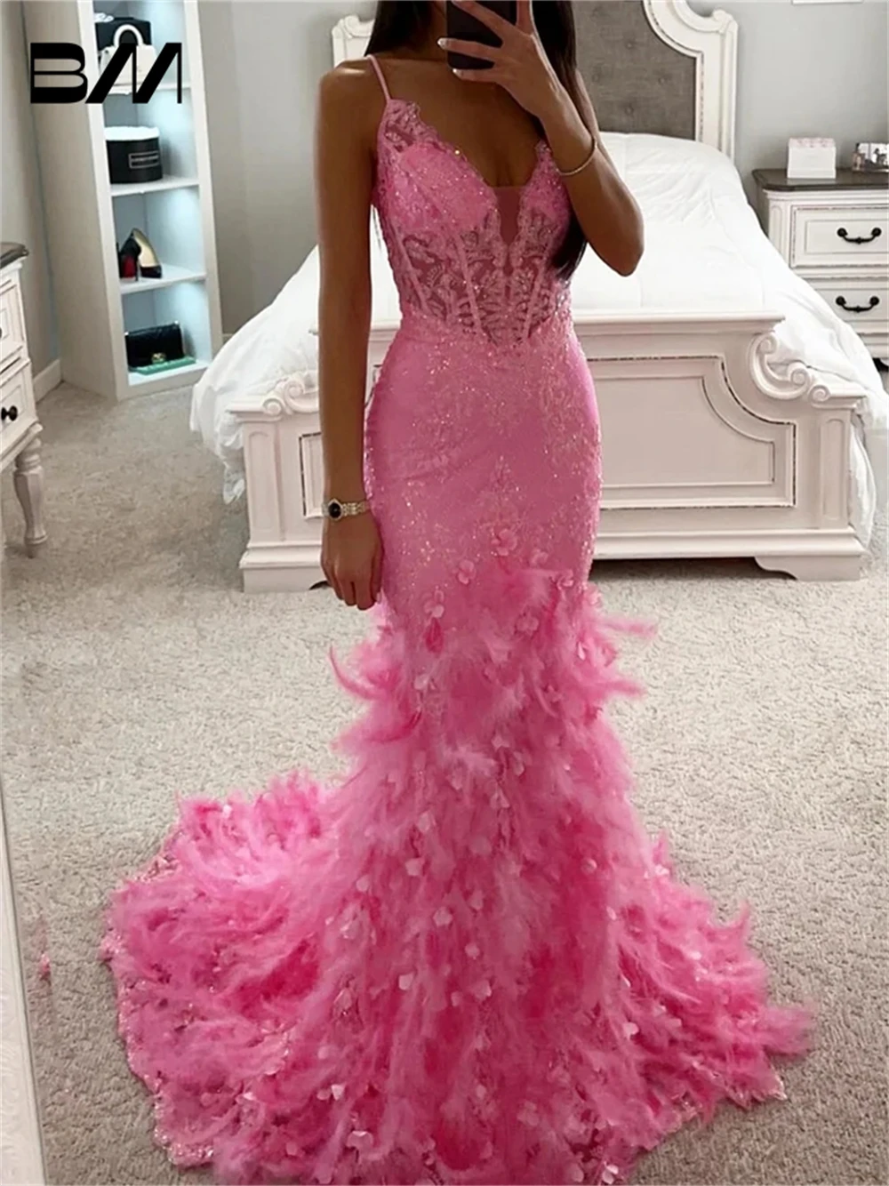 Vestido de fiesta de sirena con plumas de color rosa intenso para mujer, vestido de noche de encaje con lentejuelas y tirantes finos, vestidos de fiesta de boda de lujo