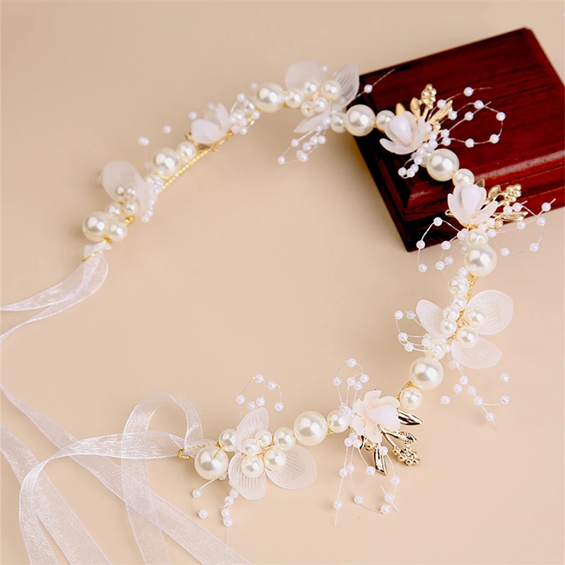 1pc Bridal headwear with gold leaf headband, flower wreath, pearl headband, sweet European wedding dress, children\'s headwear