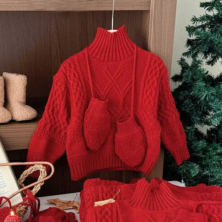 Children Girl Winter Sweater With Gloves Thicken High Collar Knitted Kid Girl Pullover Christmas Red Warm Toddler Baby Girls Top