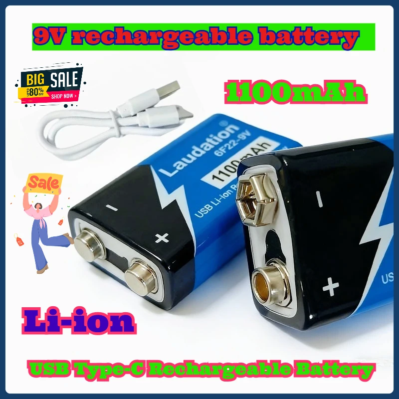 

9v Rechargeable Battery 1100mAh USB Type-C Li-ion Battery 6F22 for Multimeter Microphone Toy Camera Remote+USB Charging Cable