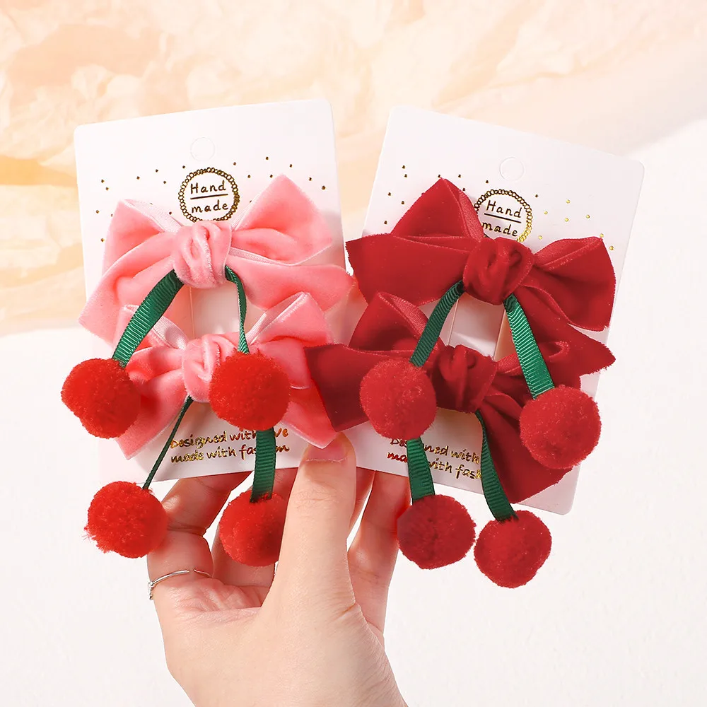 2 Stück Mädchen-Haarspangen mit Lieblichen Roten Samtschleifen und Haarballen, Weihnachts- und Neujahrs-Doppel-Pferdeschwanz-Clip, Handgefertigte Haaraccessoires