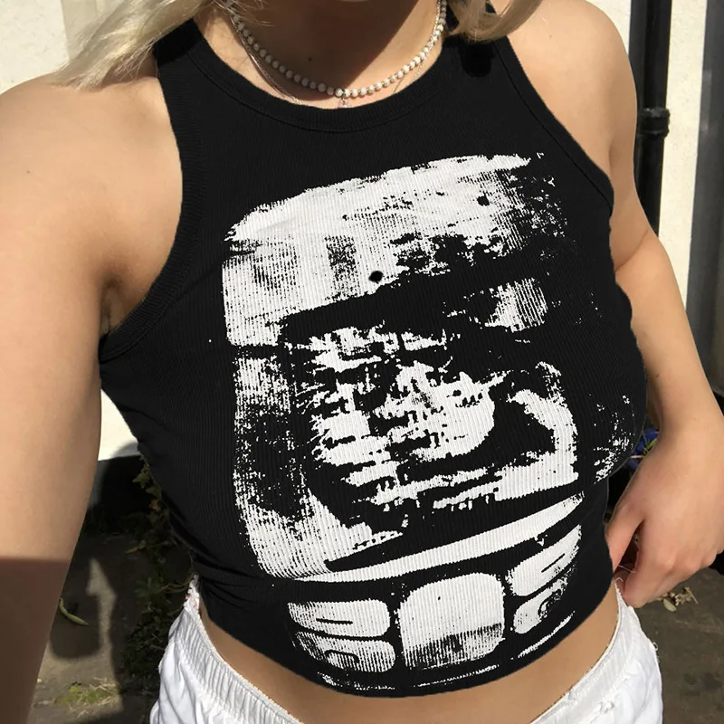 Printed y2k Cropped Tanks Crop Top Sleeveless O Neck Corset Tops Female Summer Basic Tee Tops Club